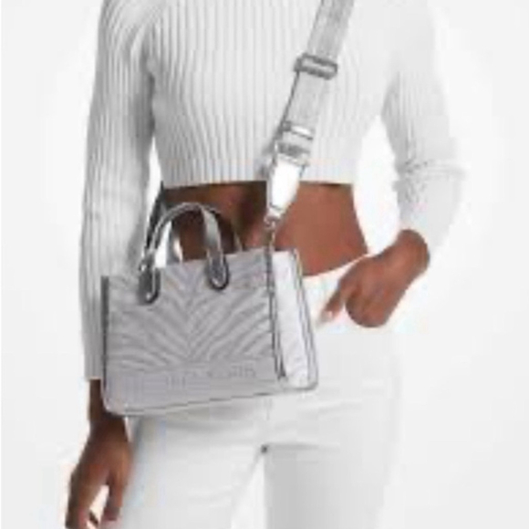 Michael Kors Gigi Small Crossbody Bag Silver Metallic Zebra Print - Picture 10 of 10